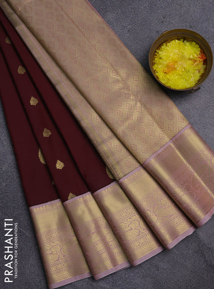 Semi kanchipuram silk saree maroon and pastel pink with zari woven buttas and zari woven korvai border