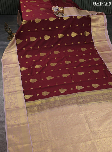 Semi kanchipuram silk saree maroon and pastel pink with zari woven buttas and zari woven korvai border
