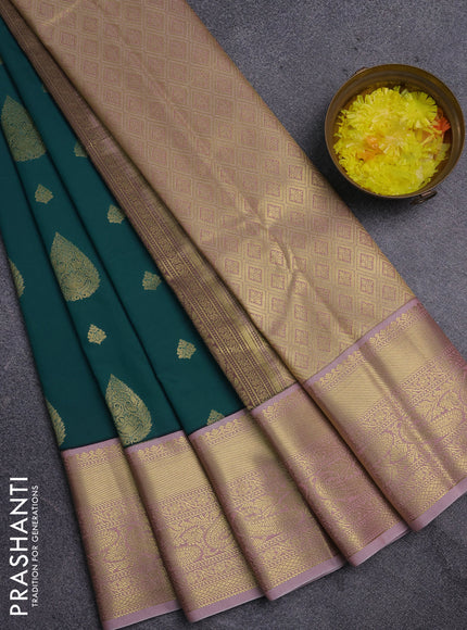 Semi kanchipuram silk saree peacock green and pastel pink with zari woven buttas and zari woven korvai border