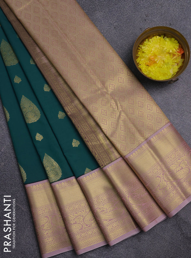 Semi kanchipuram silk saree peacock green and pastel pink with zari woven buttas and zari woven korvai border