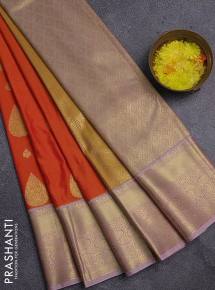 Semi kanchipuram silk saree dual shade of orange and pastel pink with zari woven buttas and zari woven korvai border