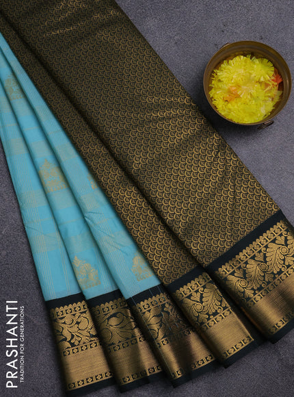 Semi kanchipuram silk saree teal blue and bottle green with allover zari checks & buttas and zari woven korvai border