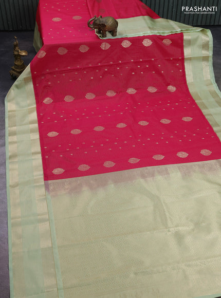 Semi kanchipuram silk saree pink and pista green with allover zari weaves & buttas and zari woven korvai border