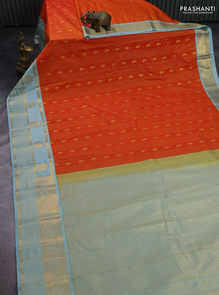 Semi kanchipuram silk saree sunset orange and mild teal blue with allover zari weaves & buttas and zari woven korvai border