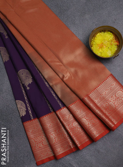 Semi kanchipuram silk saree purple and rustic orange with allover zari weaves & buttas and zari woven border