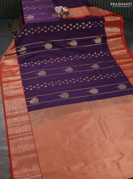 Semi kanchipuram silk saree purple and rustic orange with allover zari weaves & buttas and zari woven border
