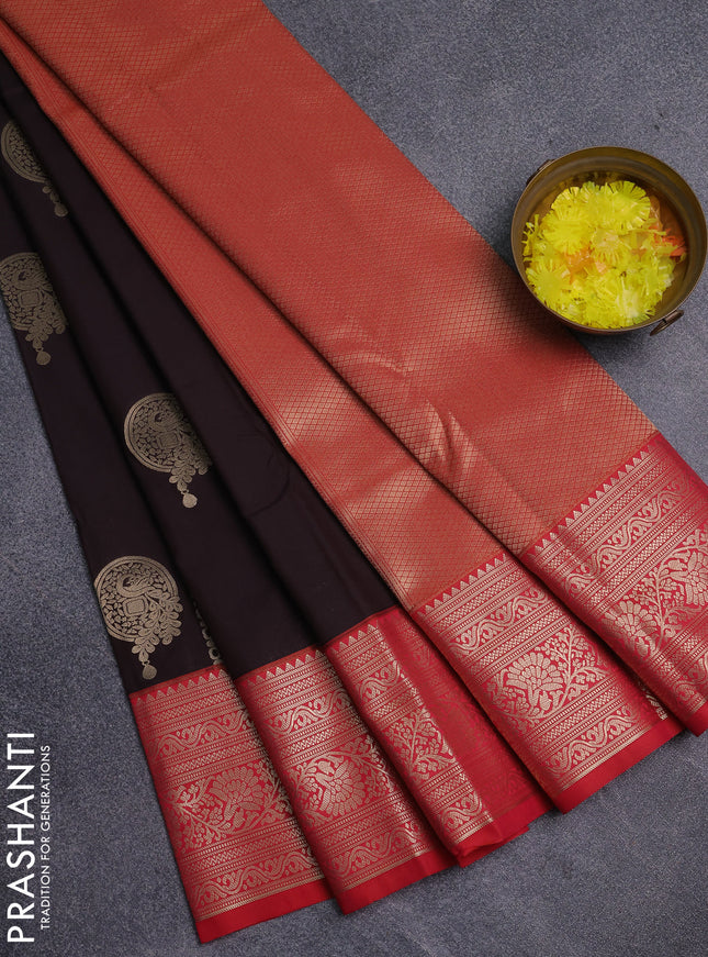 Semi kanchipuram silk saree coffee brown and red with allover zari weaves & buttas and zari woven border