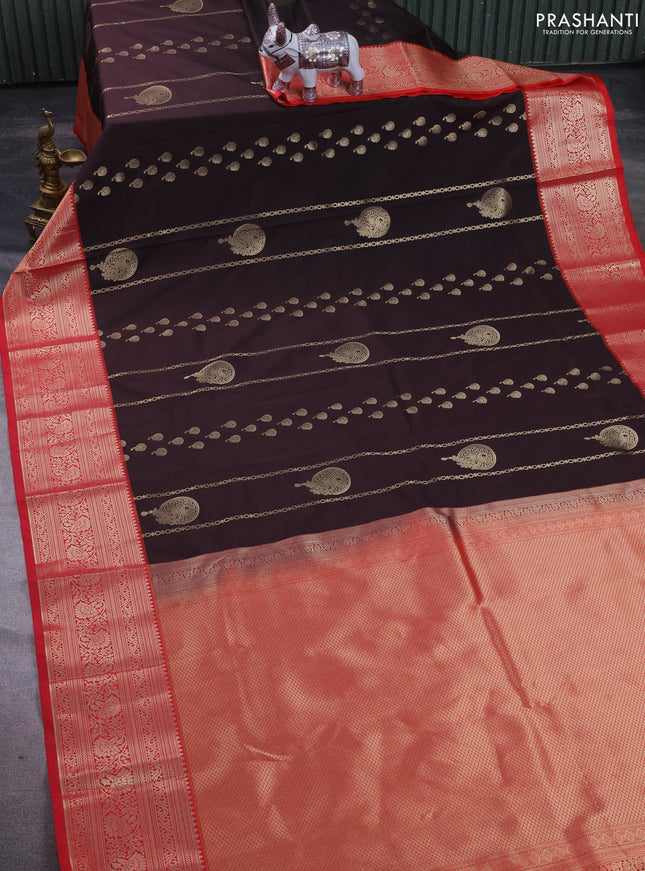 Semi kanchipuram silk saree coffee brown and red with allover zari weaves & buttas and zari woven border