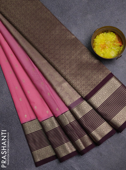 Semi kanchipuram silk saree light pink and wine shade with allover zari weaves & buttas and zari woven border