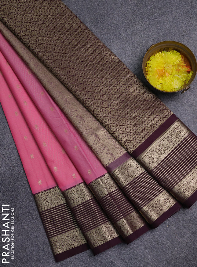 Semi kanchipuram silk saree light pink and wine shade with allover zari weaves & buttas and zari woven border