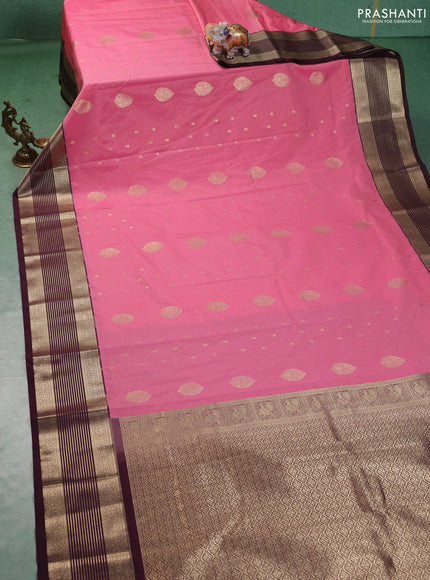 Semi kanchipuram silk saree light pink and wine shade with allover zari weaves & buttas and zari woven border