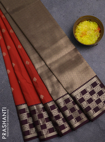 Semi kanchipuram silk saree rustic orange and wine shade with zari woven buttas and zari woven korvai border