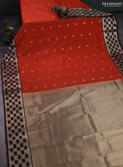 Semi kanchipuram silk saree rustic orange and wine shade with zari woven buttas and zari woven korvai border