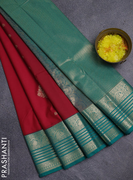 Semi kanchipuram silk saree red and green with zari woven buttas and zari woven korvai border