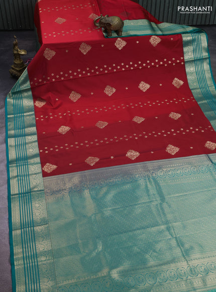 Semi kanchipuram silk saree red and green with zari woven buttas and zari woven korvai border