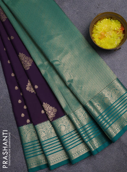 Semi kanchipuram silk saree purple and teal green with zari woven buttas and zari woven korvai border