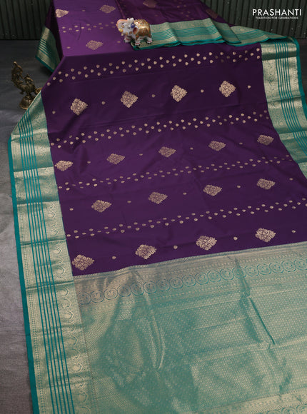 Semi kanchipuram silk saree purple and teal green with zari woven buttas and zari woven korvai border
