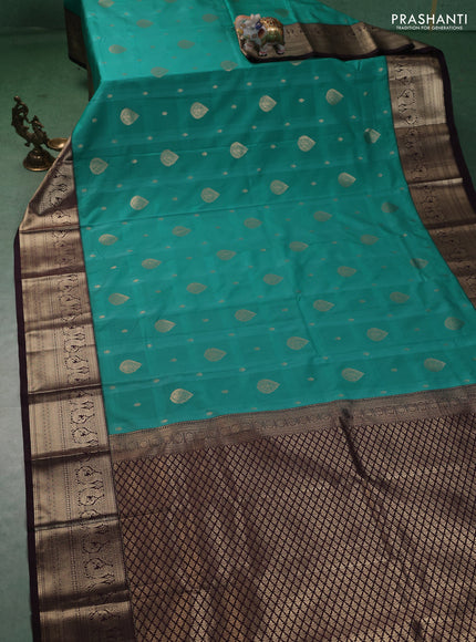 Semi kanchipuram silk saree teal green and wine shade with allover self emboss checks & zari buttas and rich zari woven border