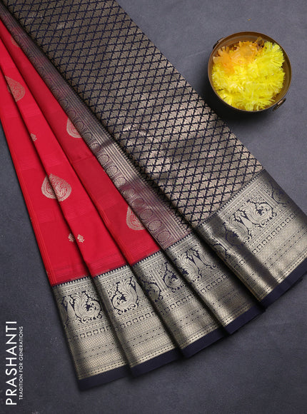 Semi kanchipuram silk saree red and deep navy blue with allover self emboss checks & zari buttas and rich zari woven border