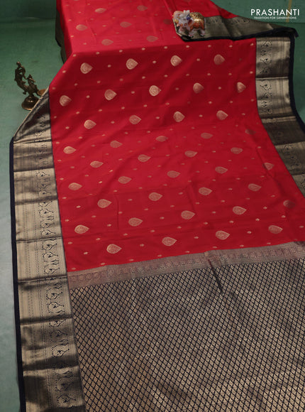 Semi kanchipuram silk saree red and deep navy blue with allover self emboss checks & zari buttas and rich zari woven border