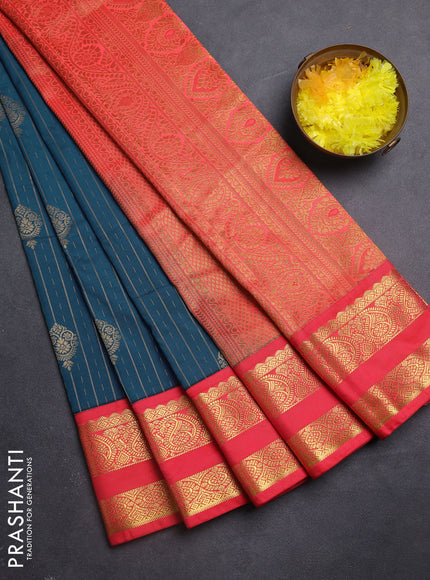 Semi kanchipuram silk saree peacock blue and red with allover zari weaves & buttas and rettapet zari woven korvai border