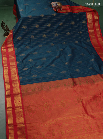 Semi kanchipuram silk saree peacock blue and red with allover zari weaves & buttas and rettapet zari woven korvai border