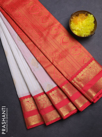 Semi kanchipuram silk saree off white and red with allover zari weaves & buttas and rettapet zari woven korvai border