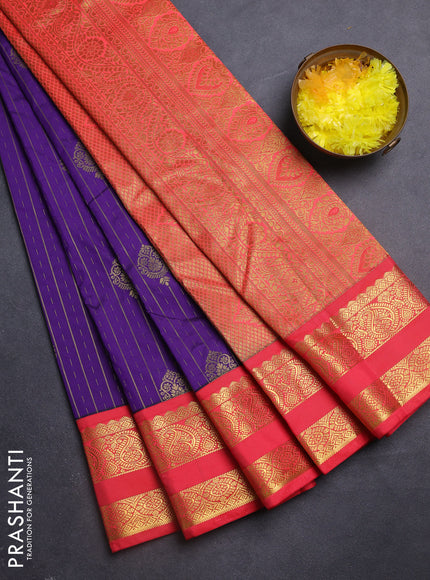 Semi kanchipuram silk saree violet and red with allover zari weaves & buttas and rettapet zari woven korvai border