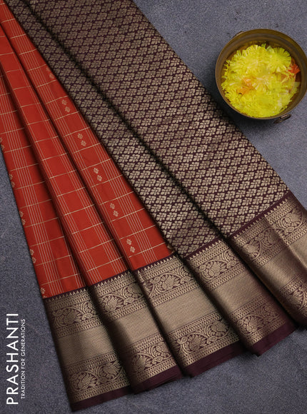 Semi kanchipuram silk saree rustic orange and coffee brown with allover small zari checks & buttas and zari woven korvai border