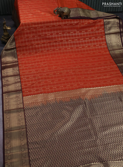 Semi kanchipuram silk saree rustic orange and coffee brown with allover small zari checks & buttas and zari woven korvai border