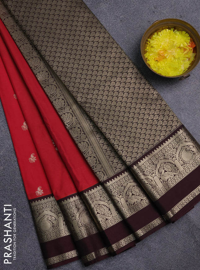 Semi kanchipuram silk saree pink and deep maroon with zari woven buttas and rettapet zari woven korvai border