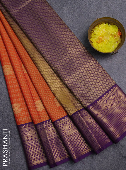Semi kanchipuram silk saree sunset orange and purple with allover small zari checks & buttas and zari woven korvai border