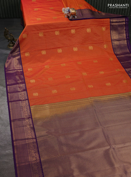 Semi kanchipuram silk saree sunset orange and purple with allover small zari checks & buttas and zari woven korvai border