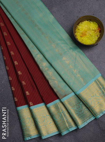 Semi kanchipuram silk saree maroon and teal blue shade with allover zari weaves & buttas and zari woven korvai border