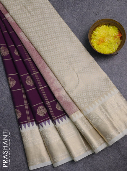 Semi kanchipuram silk saree purple and cream with allover small zari checks & buttas and zari woven korvai border