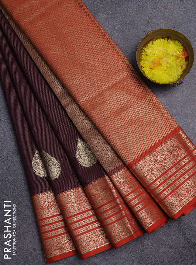 Semi kanchipuram silk saree wine shade and orange with allover zari weaves & buttas and zari woven korvai border