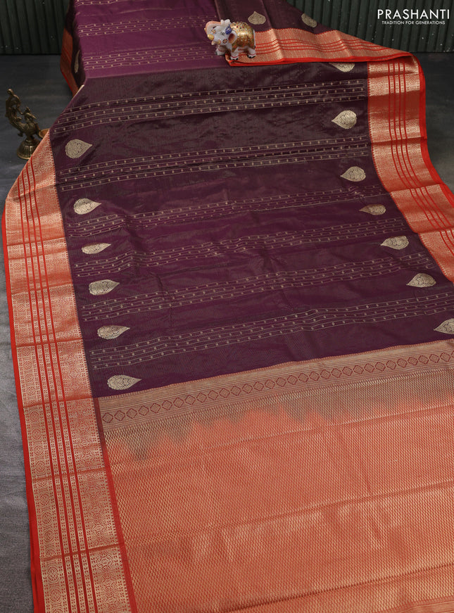 Semi kanchipuram silk saree wine shade and orange with allover zari weaves & buttas and zari woven korvai border