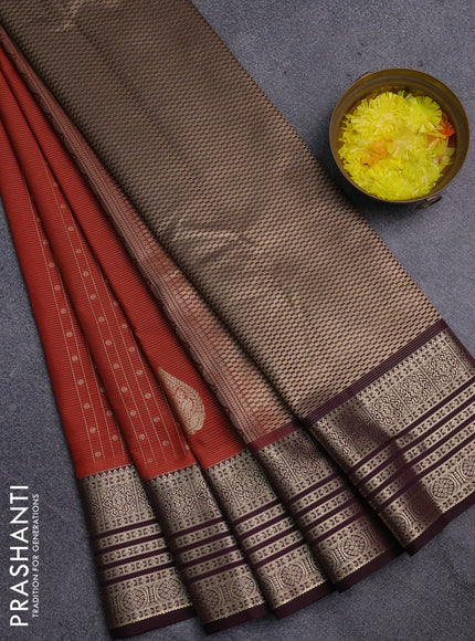 Semi kanchipuram silk saree rustic orange and wine shade with allover zari weaves & buttas and zari woven korvai border