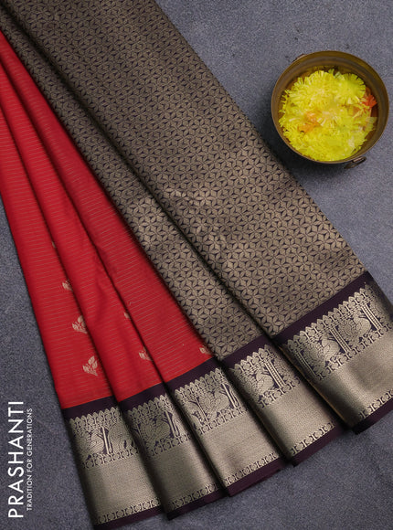 Semi kanchipuram silk saree reddish pink and wine shade with allover zari weaves & buttas and zari woven korvai border