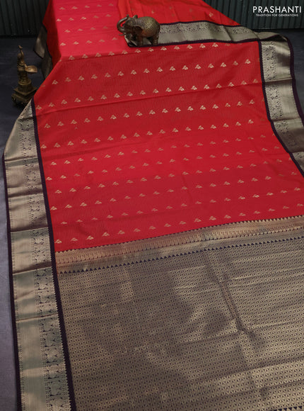 Semi kanchipuram silk saree reddish pink and wine shade with allover zari weaves & buttas and zari woven korvai border