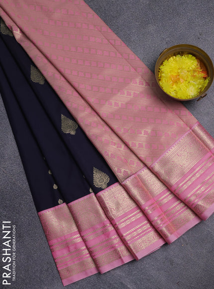 Semi kanchipuram silk saree navy blue and light pink with zari woven buttas and zari woven korvai border
