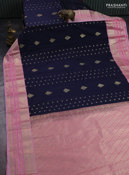 Semi kanchipuram silk saree navy blue and light pink with zari woven buttas and zari woven korvai border