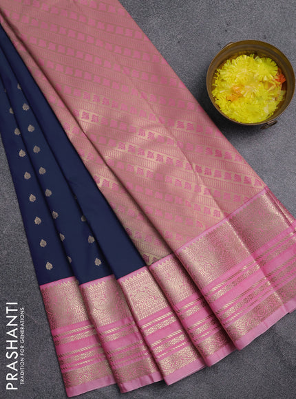 Semi kanchipuram silk saree dual shade of blue and light pink with zari woven buttas and zari woven korvai border
