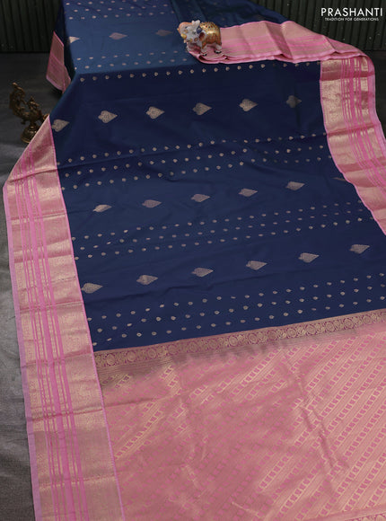 Semi kanchipuram silk saree dual shade of blue and light pink with zari woven buttas and zari woven korvai border