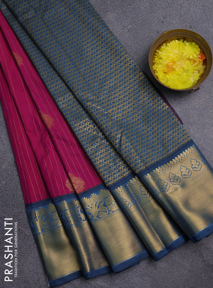 Semi kanchipuram silk saree magenta pink and peacock blue with allover zari weaves & buttas and zari woven korvai border