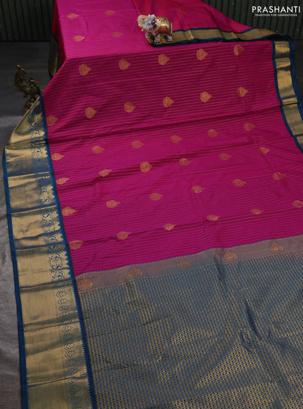 Semi kanchipuram silk saree magenta pink and peacock blue with allover zari weaves & buttas and zari woven korvai border