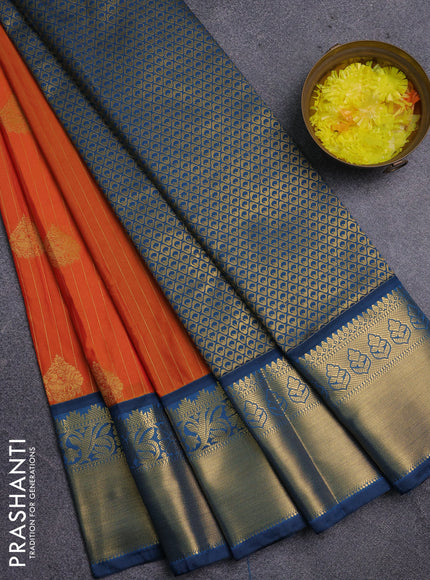 Semi kanchipuram silk saree sunset orange and peacock blue with allover zari weaves & buttas and zari woven korvai border