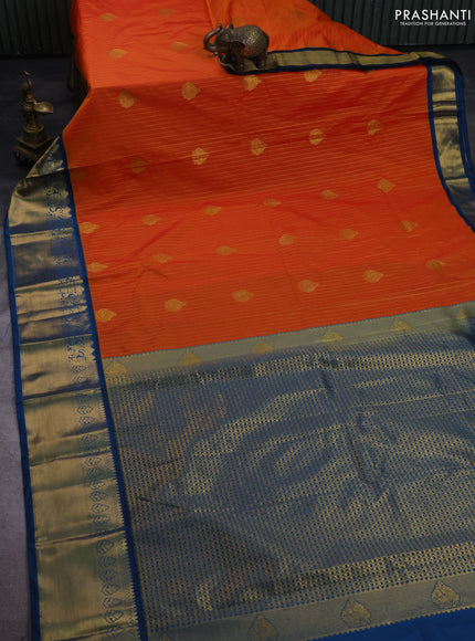 Semi kanchipuram silk saree sunset orange and peacock blue with allover zari weaves & buttas and zari woven korvai border