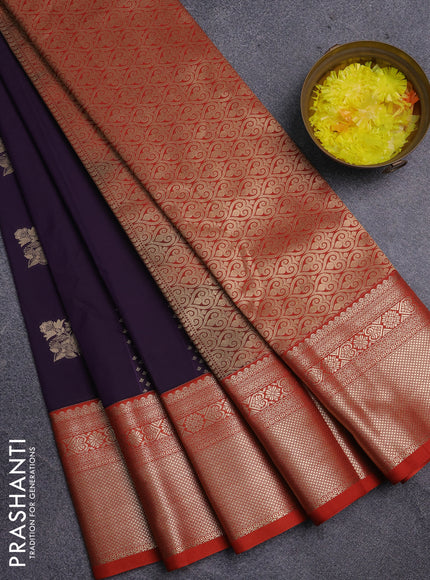 Semi kanchipuram silk saree purple and rustic orange with allover self emboss & zari buttas and zari woven korvai border
