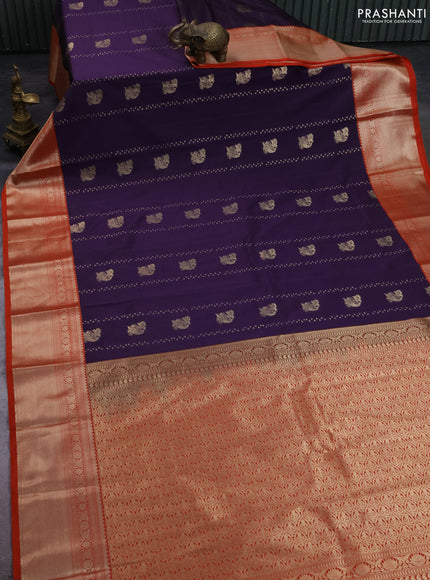 Semi kanchipuram silk saree purple and rustic orange with allover self emboss & zari buttas and zari woven korvai border